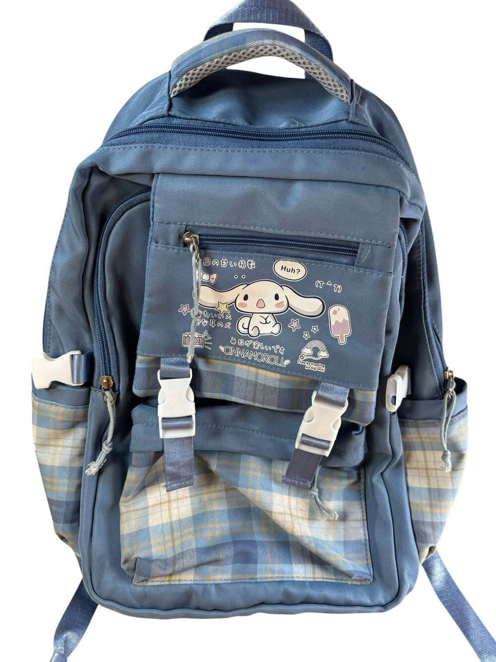 Roffatide Anime Cinnamoroll Print Plaid Backpack Blue
